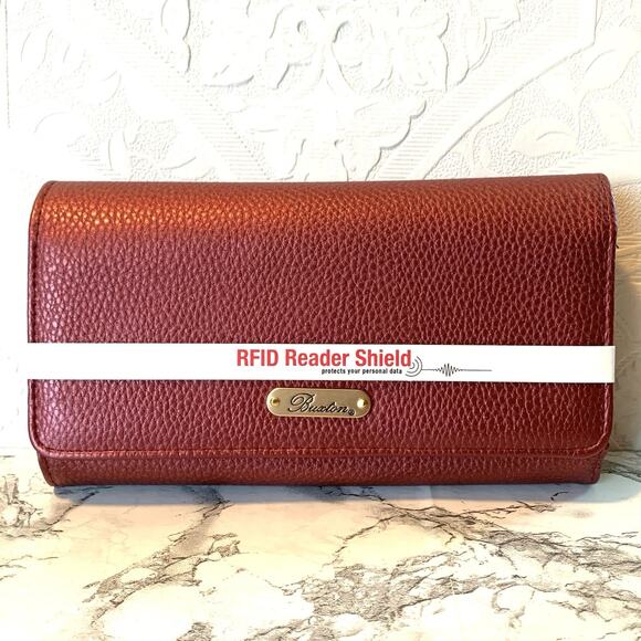 Buxton Womens Leather Trifold Wallet Floral Embossed RFID Cranberry Metallic - Picture 1 of 6
